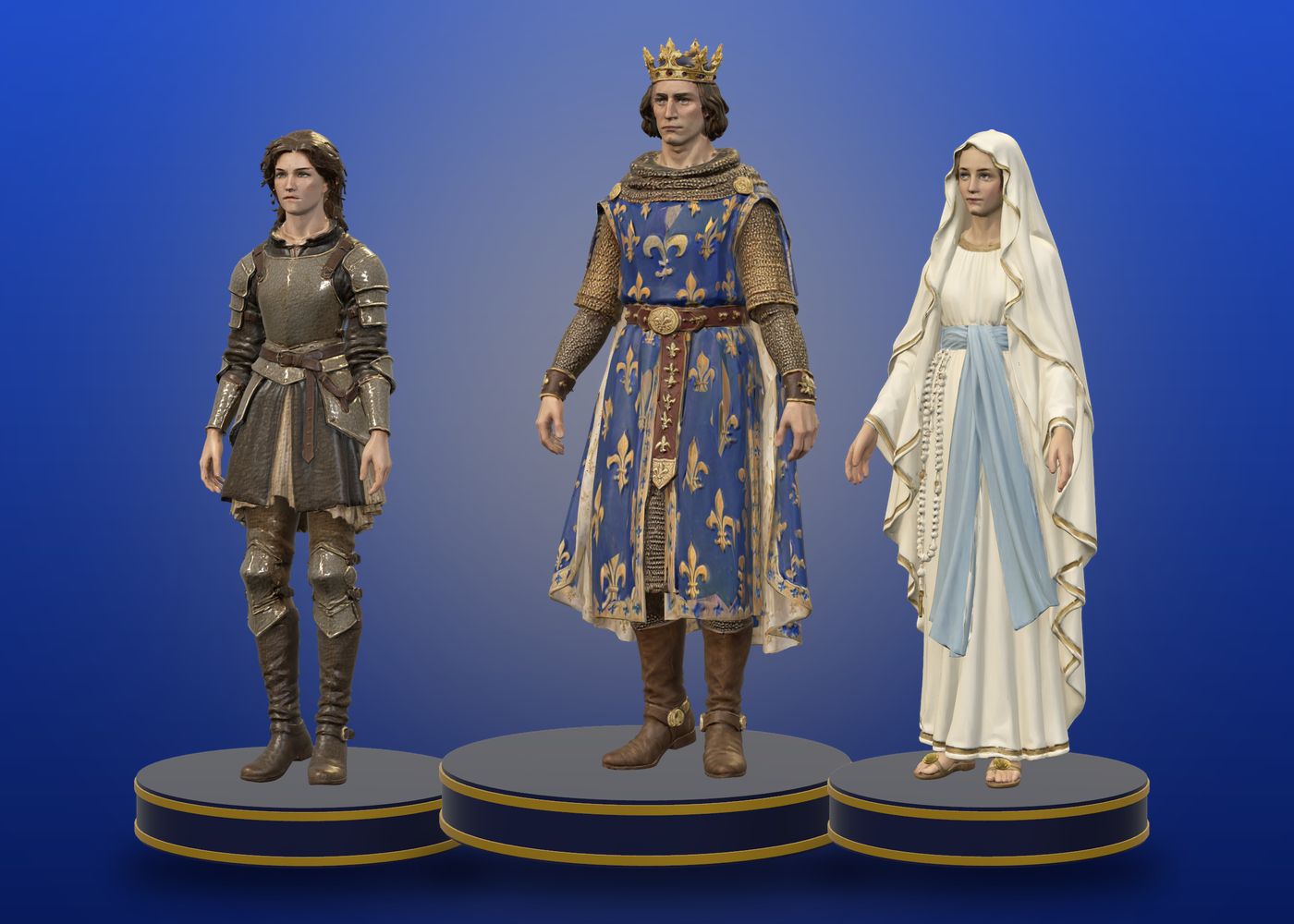 Rendu : trois figurines sur socle bleu nuit et or, sainte Jeanne d'Arc, saint Louis et la Vierge Marie.